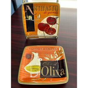 Pier 1 Cucina 6" Square Appetizer Dessert Plates Set of 2 Hand Painted